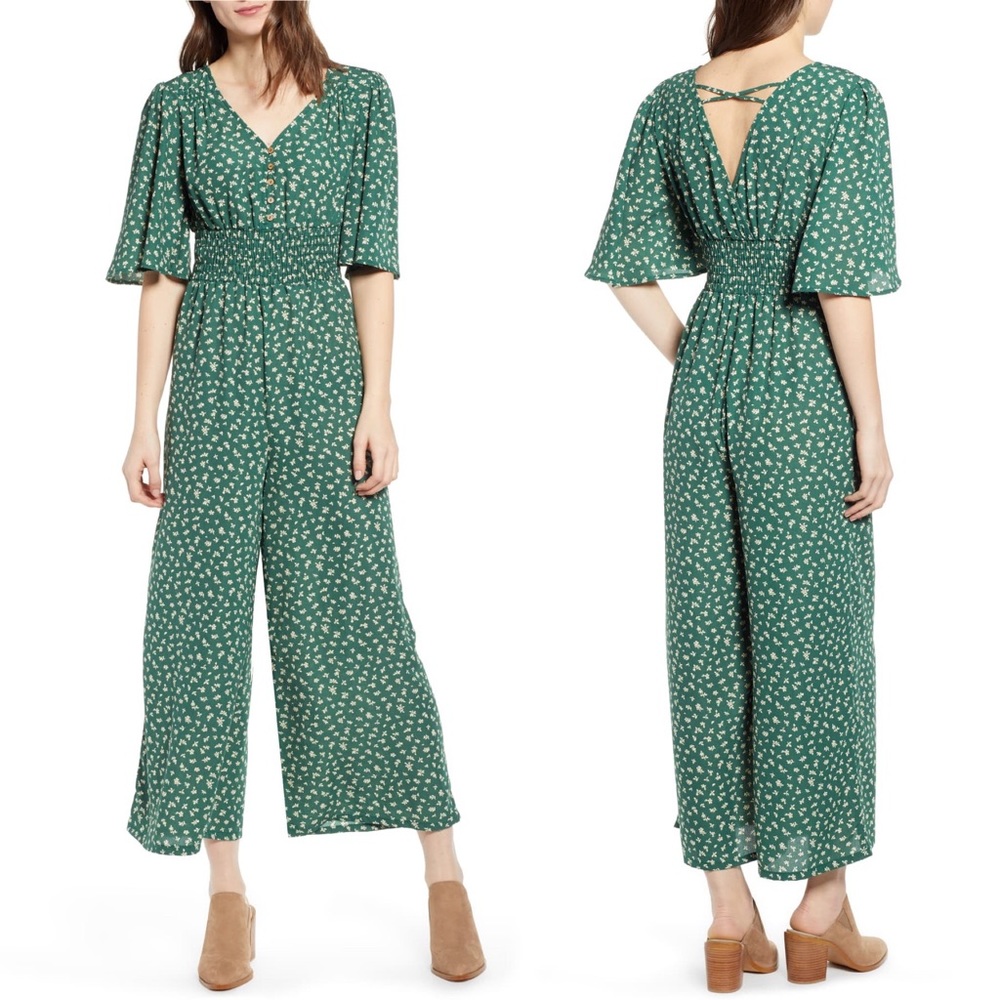 Good Luck Gem Smock Green Floral Wide Leg Jumpsuit